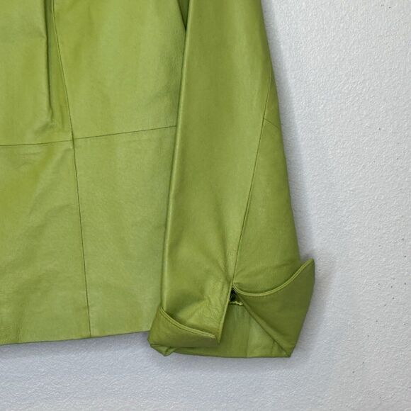 Terry Lewis Womens Leather Jacket Size Medium Green Button Front Roll Cuff Lined - Picture 3 of 8